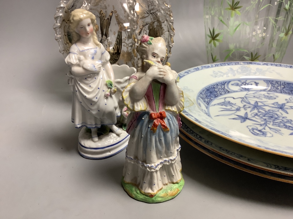 Three 18th century Chinese export blue and white plates, an enamelled glass jug and gilt decorated decanter, two figurines etc, tallest 30cm